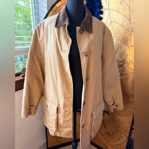 Lands’ End Vintage Men's Tan Canvas worker utility Jacket brown suede Collar